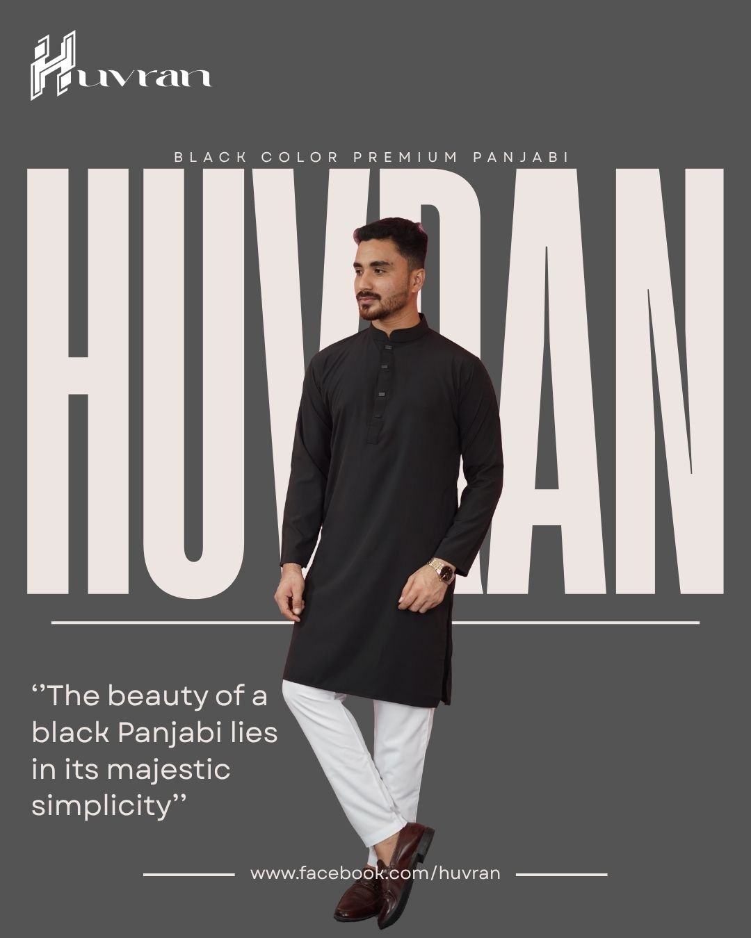 Huvran -এর ব্ল্যাক কালার প্রিমিয়াম মাইক্রোস্টিচ সলিড পাঞ্জাবি
