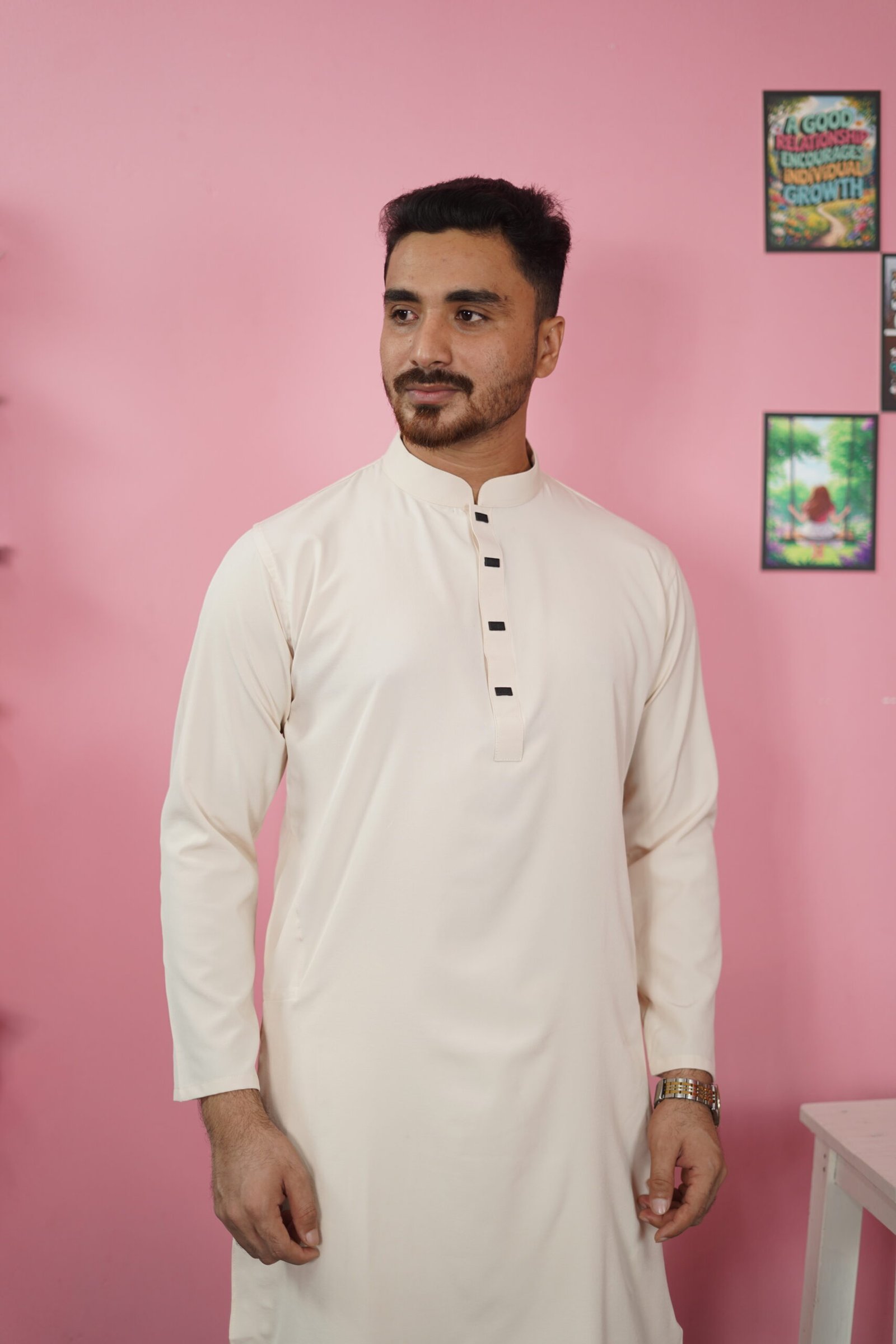 Huvran -এর ক্রিম কালার প্রিমিয়াম মাইক্রোস্টিচ সলিড পাঞ্জাবি - Image 3